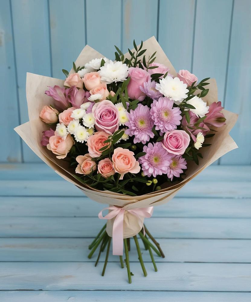 Букет цветов из: Хризантемы, Розы и Альстромерии в Начале