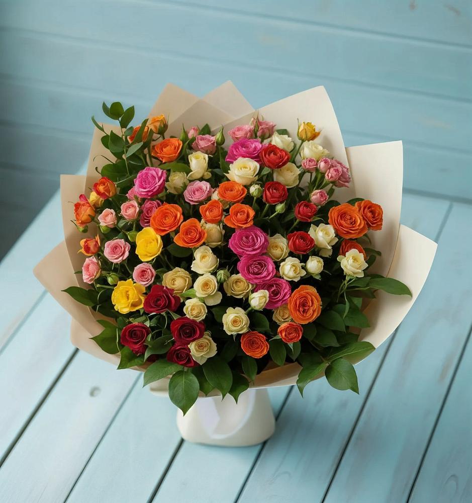Букет Микс из разноцветных кустовых роз в Начале