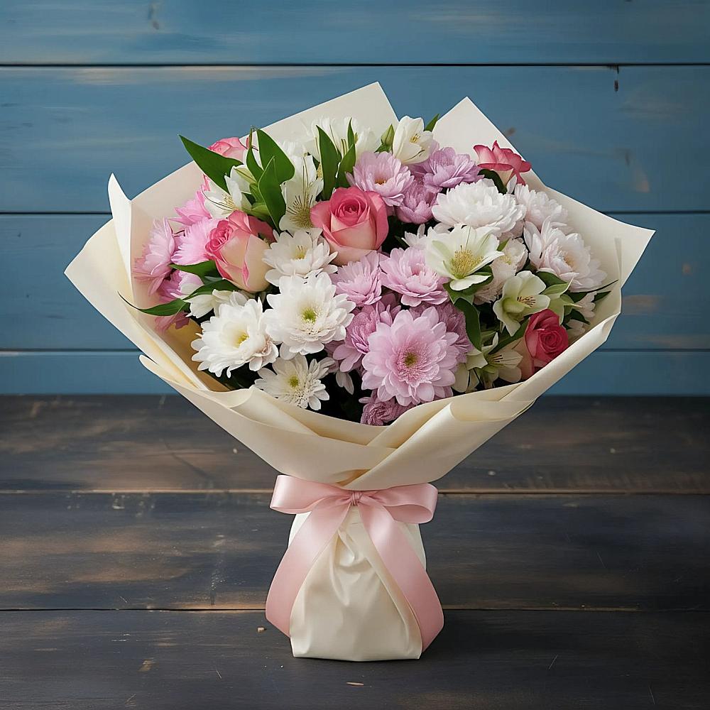 Букет цветов из: Хризантемы, Альстромерии и Розы в Начале